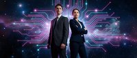 Professional business team standing confidently against futuristic digital circuit board background with glowing neon lights and space elements.