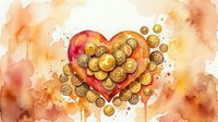 Red heart filled with golden coins on watercolor background symbolizing love for money, wealth attraction and financial prosperity concepts.
