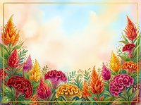 Vibrant watercolor floral border with celosia and marigold blooms in red, orange, and purple, framing a soft sky background for cards and invitations.