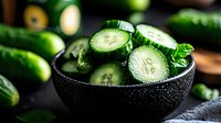 Fresh sliced cucumber in black bowl with water drops, raw organic vegetables on dark background with selective focus and natural light.