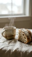 Steaming ceramic mug beside a rustic sourdough bread slice on linen cloth near a window, cozy morning breakfast scene.