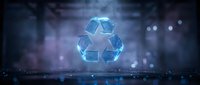 Glowing blue recycling symbol with digital effects on dark background. Environmental sustainability concept for eco-friendly business presentations.
