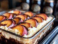 Focaccia bread topped with caramelized peach slices and red onion, freshly baked with golden crust, ready for serving at bakery or restaurant.