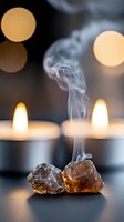 Aromatic frankincense resin burning with white smoke rising, candles glowing softly in background creating peaceful meditation atmosphere for wellness rituals.