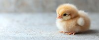 Adorable newborn yellow baby chick with fluffy feathers sitting on light textured background. Close up view with copy space for spring and Easter designs.