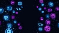 Digital commerce neon icons floating in cyberspace with shopping carts, delivery trucks, payment cards and online store symbols on dark background.