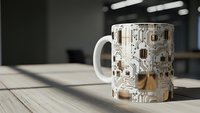 White ceramic mug with electronic circuit board pattern sits on wooden desk in modern office workspace for tech professionals and engineers.