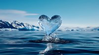 Heart shaped splash of crystal clear water against snowy mountain backdrop and blue sky, creating natural love symbol in pristine wilderness environment.