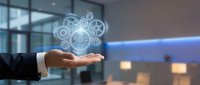 Businessman hand presenting glowing digital gear mechanism hologram in modern office space representing innovation and technology solutions.