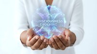 Professional woman in white coat holding glowing digital brain with consciousness evolving text representing neuroscience and mental development concepts.