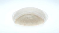 Overhead view of fine beige powder in clear round container, suitable for cosmetics, food ingredients, or product packaging mockups.