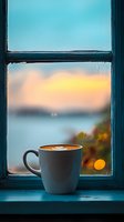 Cup of coffee with latte art on windowsill against blurred sunset sky and lake view background, creating cozy atmospheric morning or evening mood.