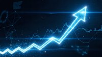 Glowing blue upward arrow with financial chart data showing business growth and success in digital technology environment with network connections.