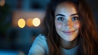 Young Caucasian woman with bright blue eyes and wavy brown hair smiling warmly at camera in evening low light setting with soft bokeh background glow.