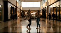 Two young women dancing joyfully in modern shopping mall corridor with stores and shoppers in background during daytime for lifestyle and retail concepts.