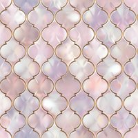Elegant moroccan tile pattern in soft pearl pink and lavender with rose gold outline creates seamless luxurious background for wallpaper and textile design.