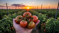 Fresh ripe tomatoes in farmer's hand at sunset in agricultural field with support poles. Organic vegetable harvest concept for healthy eating and farming.