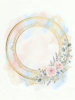 Elegant golden circular frame with watercolor floral arrangement featuring pink roses, lavender, and eucalyptus leaves on soft pastel background. Perfect for wedding invitations, greeting cards, and design projects.
