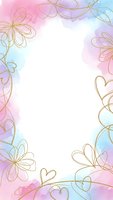 Pastel watercolor frame with gold line art flowers and hearts on white background for wedding invitations, greeting cards and romantic designs.