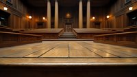 Empty wooden church interior with rows of pews leading to altar, illuminated by warm lighting. Classical architecture with white columns creates sacred atmosphere for worship.
