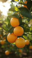 Fresh ripe oranges hanging on tree branch with green leaves, illuminated by golden sunlight. Natural organic citrus fruits in orchard.