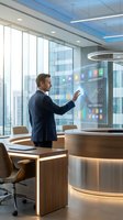 Caucasian businessman in a suit interacting with a futuristic transparent touchscreen display in a modern smart office workspace.