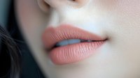 Close up view of plump feminine lips wearing matte nude pink lipstick against soft pale skin, showing professional makeup application technique.