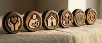 Wooden tokens with carved symbols representing care, family, home, time, protection and sustainability concepts for business presentations.