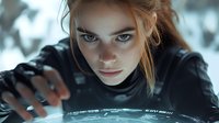 Young woman with intense gaze and red hair in black tactical gear looking through futuristic holographic interface, dramatic lighting creates sci-fi atmosphere.