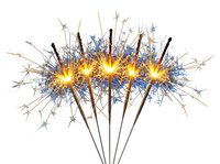 Glowing sparklers with golden light bursts and blue sparks radiating outward on white background, isolated for celebration designs and festive graphics.