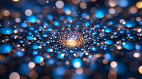 Glowing blue and gold bokeh light burst radiating from center point against dark background creates magical atmospheric effect with blurred circles pattern.