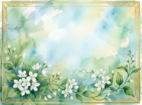 Watercolor floral frame with white flowers and green leaves on soft blue-green background, golden border, for wedding invitations and greeting cards.