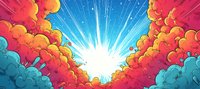 Vibrant sunset sky with dramatic orange and turquoise clouds framing bright sunburst, creating dynamic comic style atmosphere for background designs and illustrations.