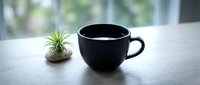 Black ceramic coffee mug and small air plant on wooden table with blurred green background. Modern minimalist workspace setup for morning routine and productivity.