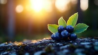Fresh ripe blueberries with green leaves on natural forest ground at sunset, golden bokeh background creates magical atmosphere in nature.