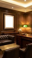 Elegant executive office interior with rich wood paneling, leather furniture, and warm ambient lighting for professional business environments.