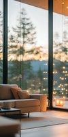Cozy modern living room with panoramic windows overlooking sunset forest view, string lights creating warm atmosphere, beige sofa and decorative pillows.