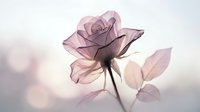 Delicate translucent purple rose with ethereal petals and leaves against soft blurred background creating dreamy romantic atmosphere for wedding invitations.
