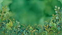 Ornamental foliage border with swirling leaves and vines on gradient green watercolor background, suitable for invitations, cards, and design projects.