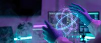 Scientist hands holding glowing atomic structure hologram in modern laboratory with purple neon lighting for scientific research and technology concepts.