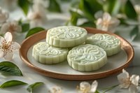 Green tea matcha mooncakes with decorative patterns on wooden plate surrounded by white flowers for traditional Asian festival celebration.
