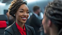 Young African American businesswoman with bright smile wearing black blazer and red blouse in professional office setting during workplace interaction.