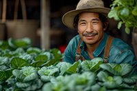Asian male farmer in hat and overalls smiling while tending to organic leafy green vegetables in sustainable garden, representing agriculture and local farming.
