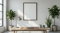 Modern minimalist home office workspace with blank picture frame on white brick wall, wooden desk, green plants and natural lighting for interior design mockup.