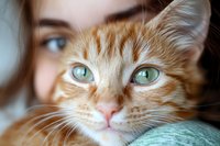 Close up portrait of ginger cat with bright green eyes looking directly at camera. Soft focus background creates dreamy mood for pet photography and animal portraits.