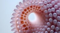 Abstract pink spherical structure with circular pattern and glowing center for modern design projects and digital art backgrounds.