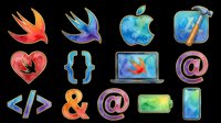 Watercolor coding and developer icon set isolated on transparent background, ready for stickers, clipart, t-shirt design, print on demand, and sublimation projects.