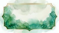 Watercolor landscape with soft green and teal washes, featuring misty mountains and clouds within an ornate gold-trimmed frame, isolated on white background for design projects.