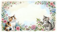 Adorable kittens sitting in decorative floral frame with roses, leaves and botanical elements on light background for greeting cards and nursery decor.