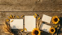 Blank instant film cards arranged with sunflowers and dried wheat on rustic wooden surface, suitable for greeting cards, invitations, scrapbooking, and creative design projects.